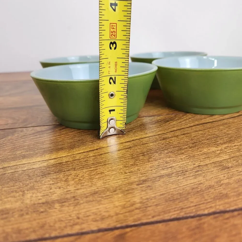 Set of 4 Vintage FIRE KING Anchor Hocking Green White Small Bowl Soup, Chili USA